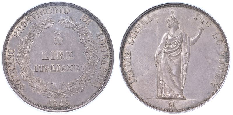 MILANO. GOVERNO PROVVISORIO DI LOMBARDIA, 1848. 5 Lire 1848.  - Auction Numismatics - Cambi Casa d'Aste