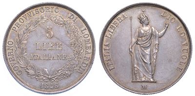 Milano. Governo Provvisorio di Lombardia, 1848. 5 Lire 1848.