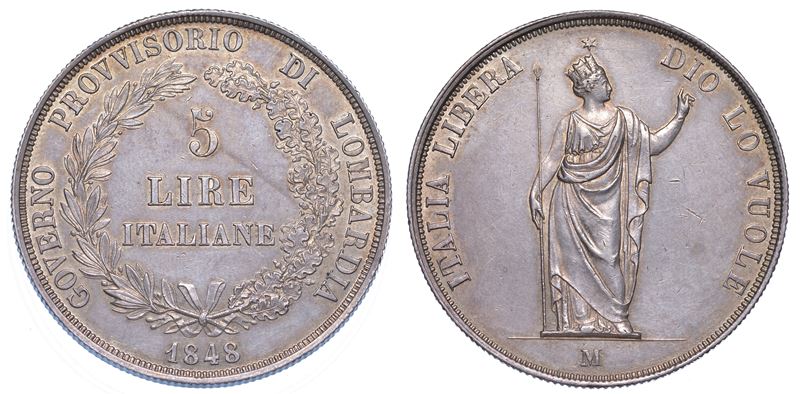 MILANO. GOVERNO PROVVISORIO DI LOMBARDIA, 1848. 5 Lire 1848.  - Auction Numismatics - Cambi Casa d'Aste