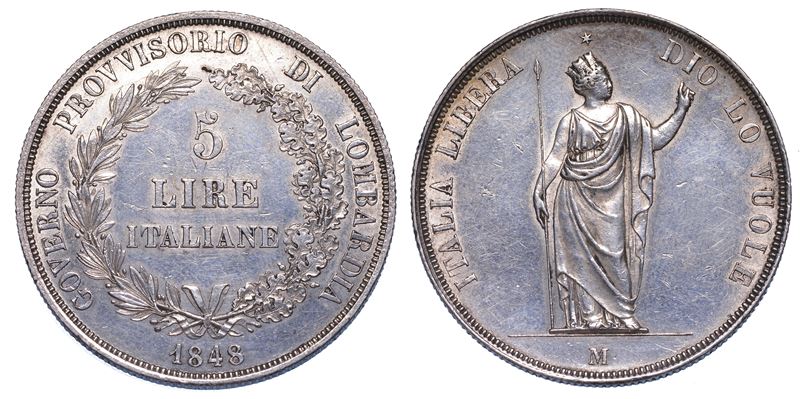 MILANO. GOVERNO PROVVISORIO DI LOMBARDIA, 1848. 5 Lire 1848.  - Auction Numismatics - Cambi Casa d'Aste