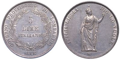 Milano. Governo Provvisorio di Lombardia, 1848. 5 Lire 1848.