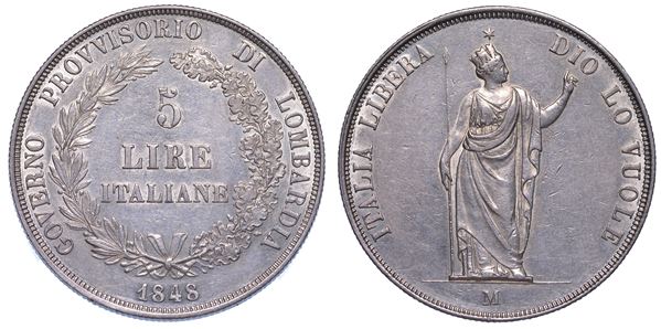 MILANO. GOVERNO PROVVISORIO DI LOMBARDIA, 1848. 5 Lire 1848.