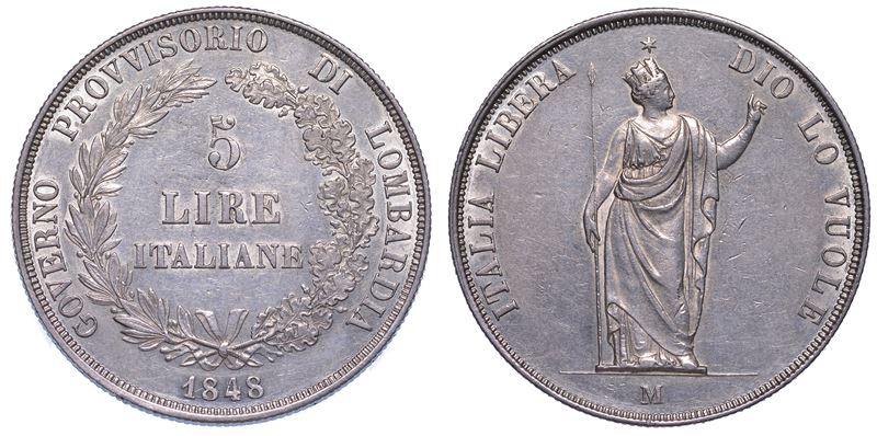 MILANO. GOVERNO PROVVISORIO DI LOMBARDIA, 1848. 5 Lire 1848.  - Auction Numismatics - Cambi Casa d'Aste