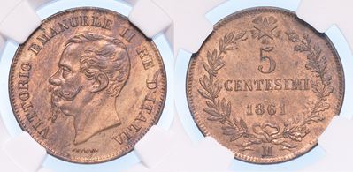 Milano. Vittorio Emanuele II di Savoia, 1849-1861 (re D'italia). 5 Centesimi 1861.