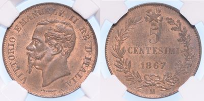Milano. Vittorio Emanuele II di Savoia, 1861-1878 (re D’italia). 5 Centesimi 1867.