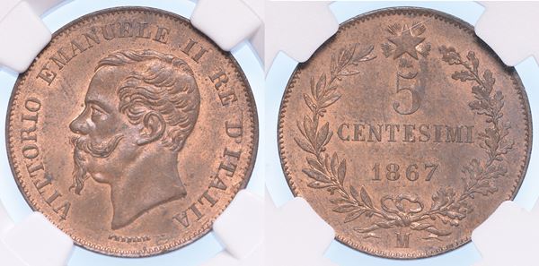 MILANO. VITTORIO EMANUELE II DI SAVOIA, 1861-1878 (RE D’ITALIA). 5 Centesimi 1867.