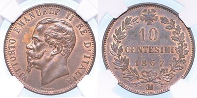 Regno D’italia. Vittorio Emanuele II di Savoia, 1861-1878. 10 Centesimi 1867. Parigi.