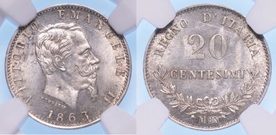 Milano. Vittorio Emanuele II di Savoia, 1861-1878 (re D’italia). 20 Centesimi 1863.