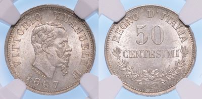 Milano. Vittorio Emanuele II di Savoia, 1861-1878 (re D’italia). 50 Centesimi 1867.