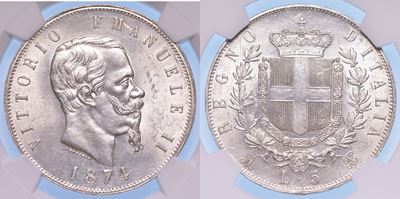 Milano. Vittorio Emanuele II di Savoia, 1861-1878 (re D’italia). 5 Lire 1874.
