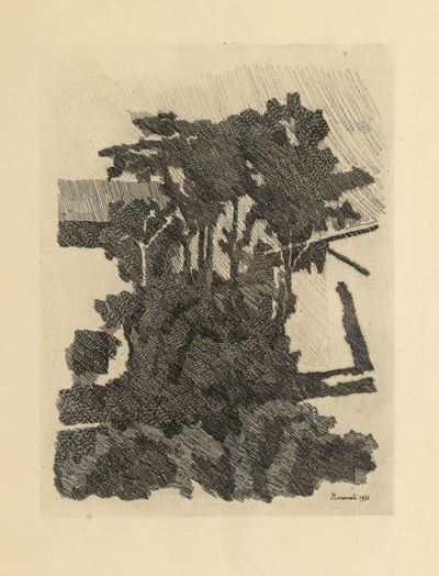 Alberi fra due case a Grizzana, litografia (1933)