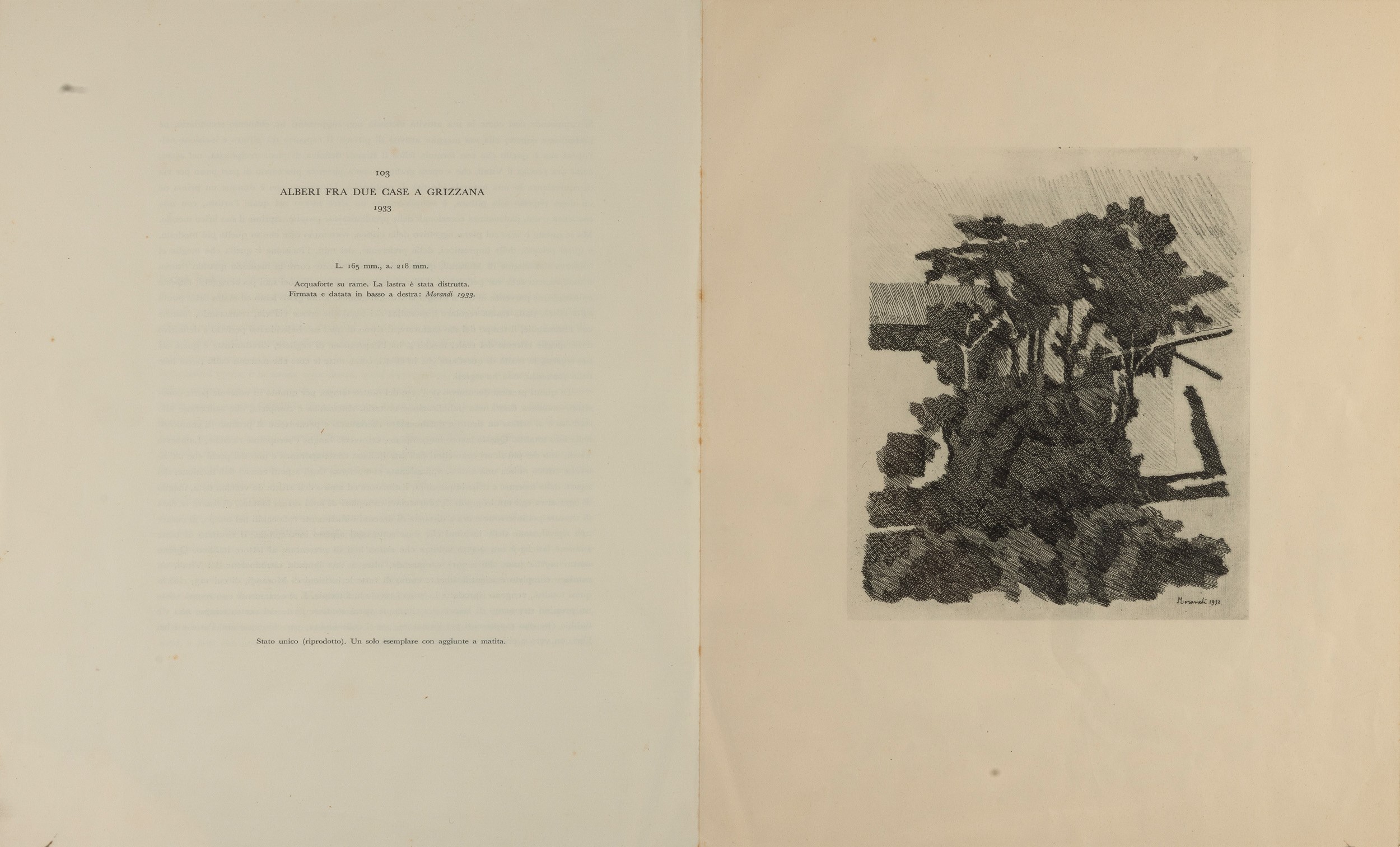 Giorgio Morandi - Alberi fra due case a Grizzana, litografia (1933)