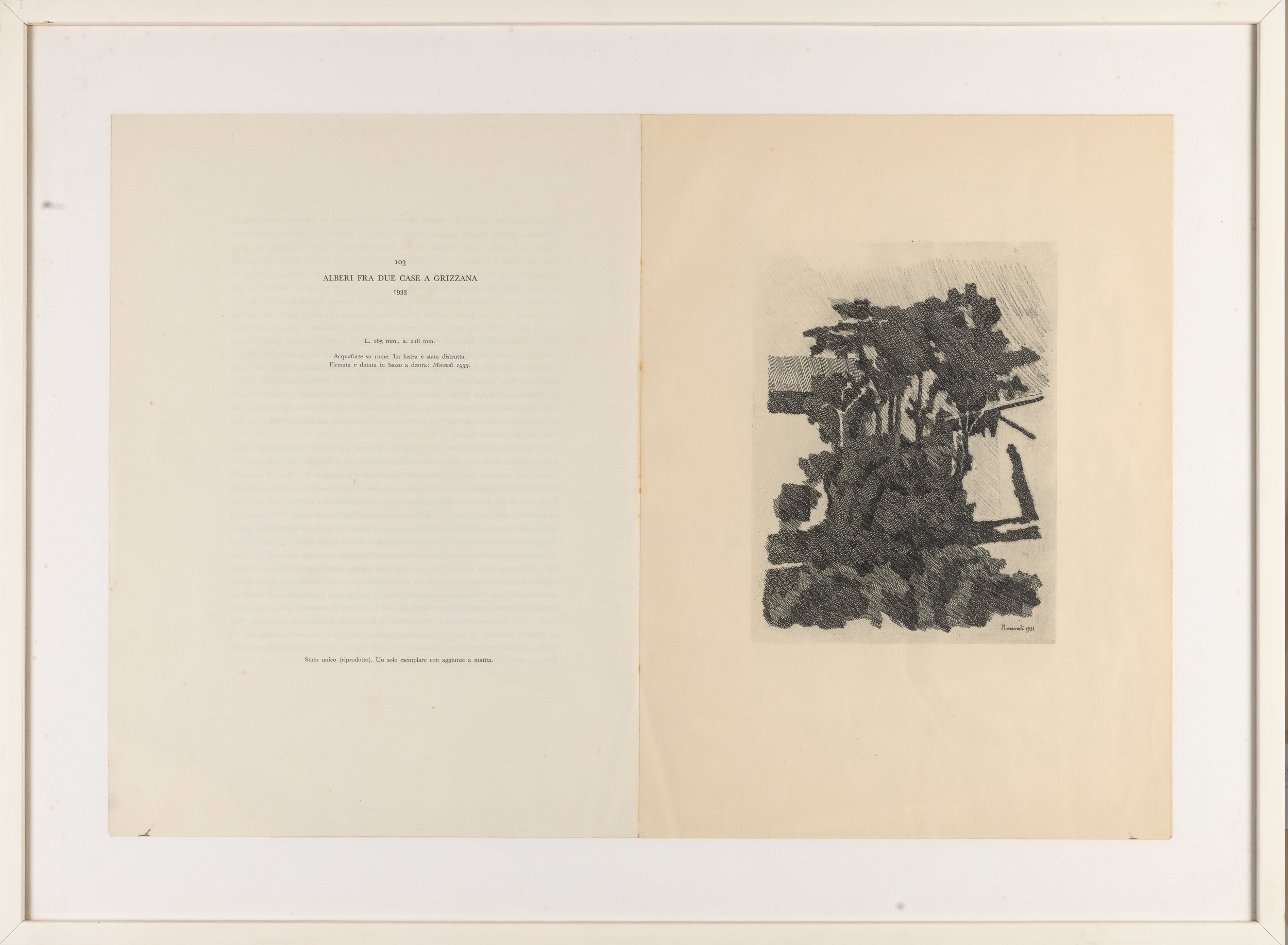 Giorgio Morandi - Alberi fra due case a Grizzana, litografia (1933)