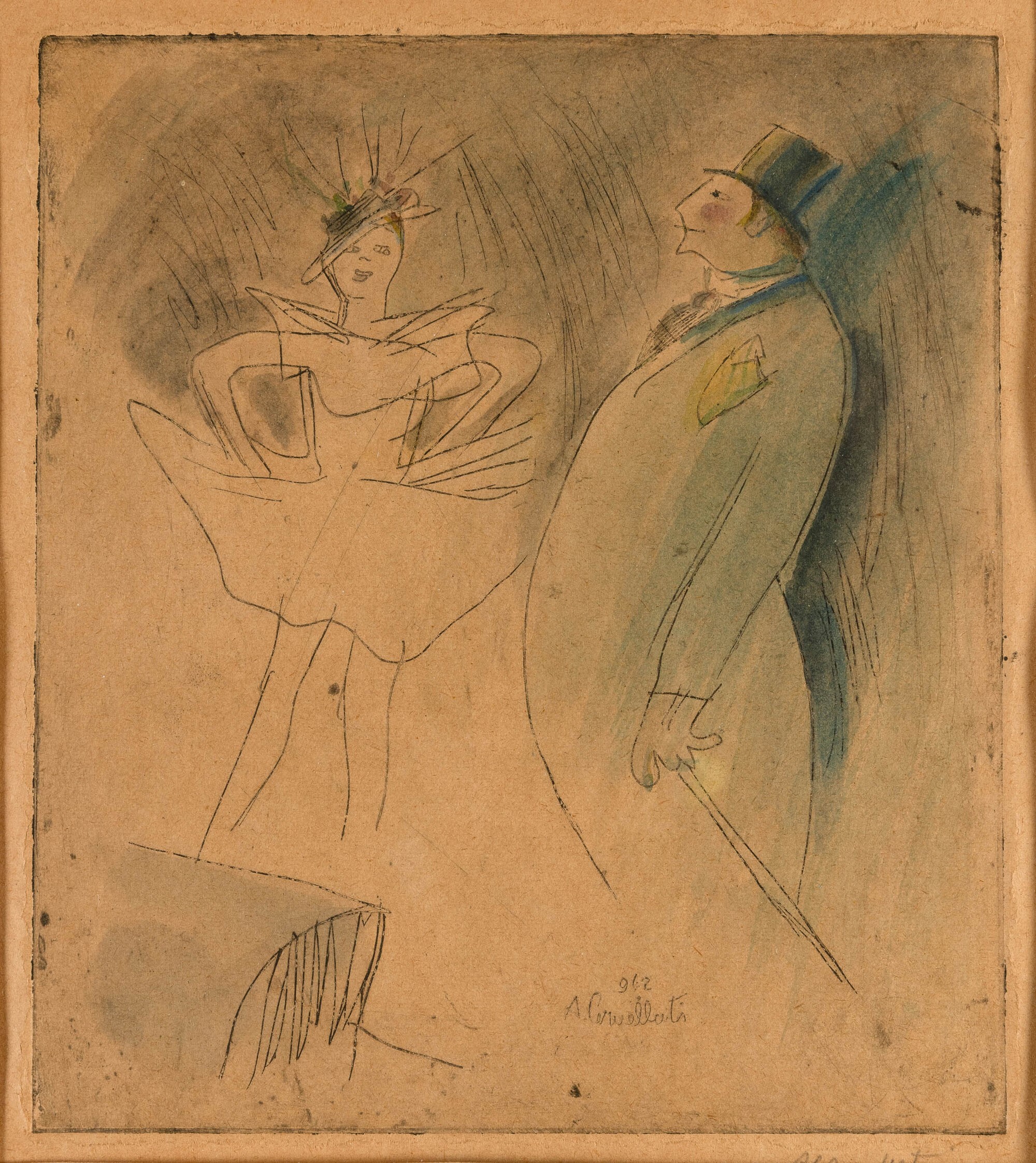 Alessandro Cervellati - Coppie — due incisioni acquerellate, 1942