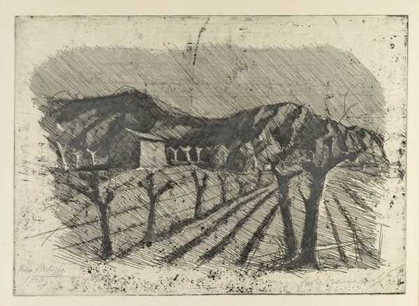 Paesaggio con campo arato e gelsi