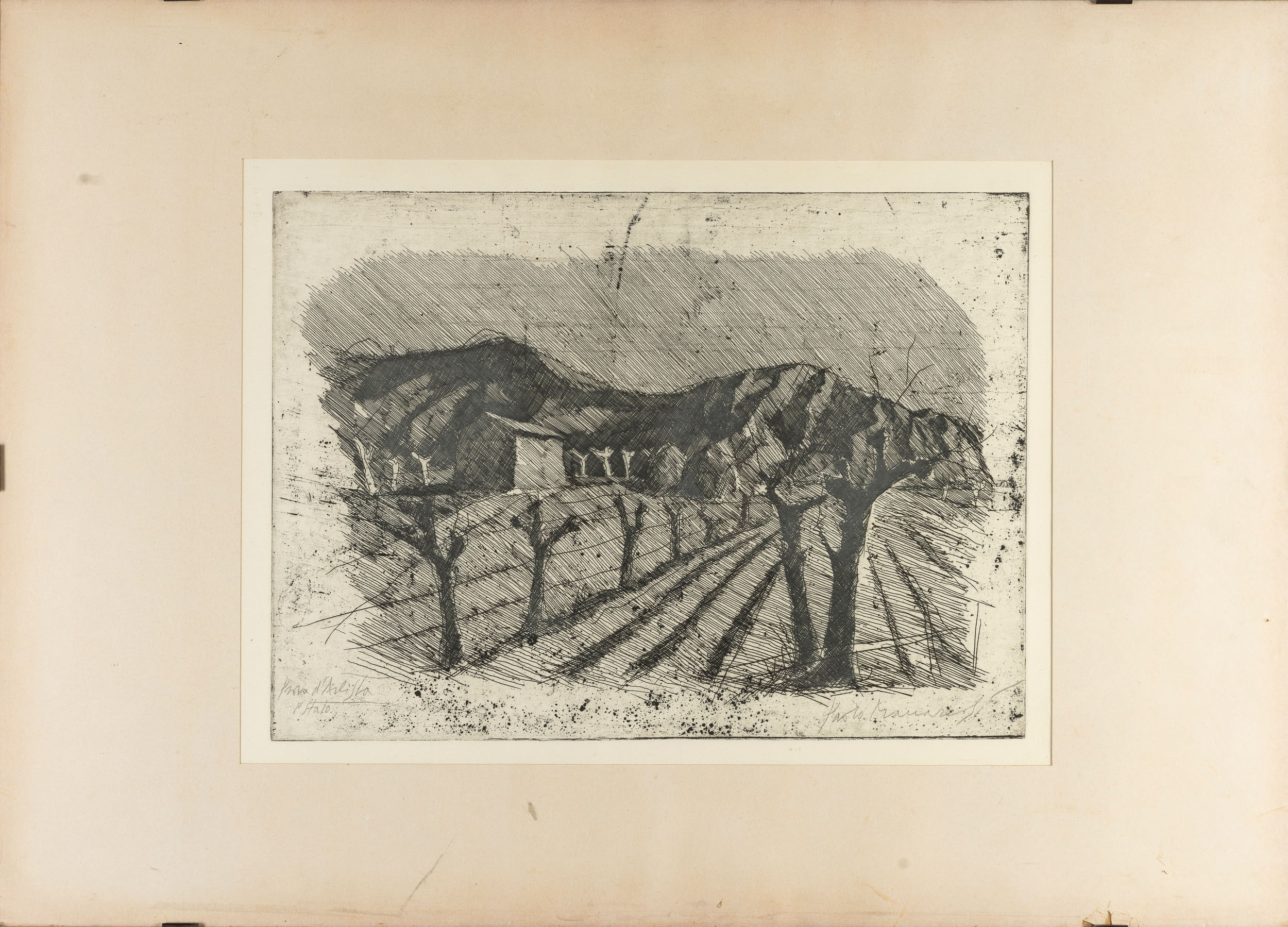 Paolo Manaresi - Paesaggio con campo arato e gelsi (acquaforte)