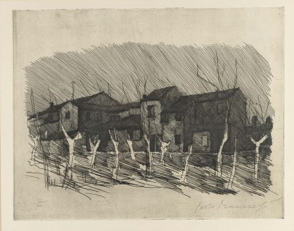 Campo con gelsi e case sullo sfondo