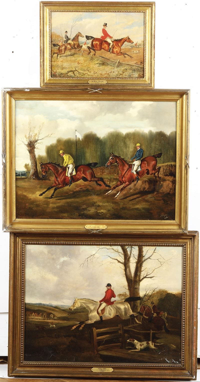 Tre dipinti con fantini e caccia alla volpe. Scuola inglese del XX secolo  - Auction Paintings of the 19th and 20th centuries - Cambi Casa d'Aste