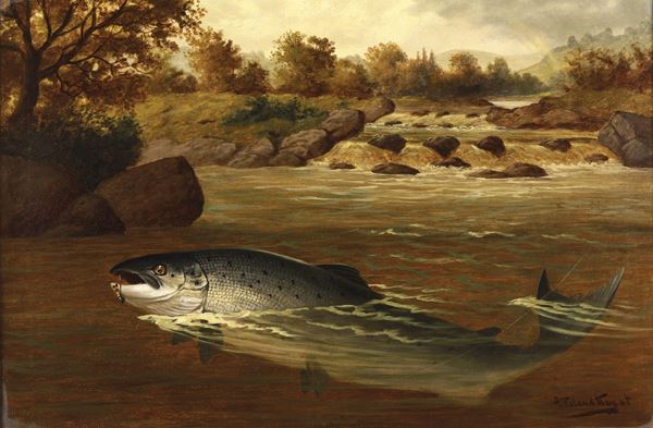 Pittore del XIX-XX secolo Paesaggio fluviale e salmone
