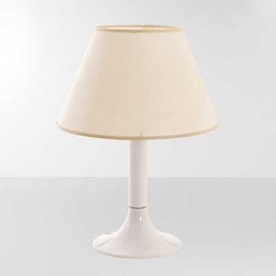 Lampada da tavolo, struttura in plastica e paralume in tessuto