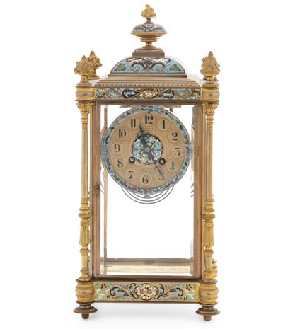 Orologio da Camino a Portico in Bronzo Dorato e Smalti, Fine XIX Secolo