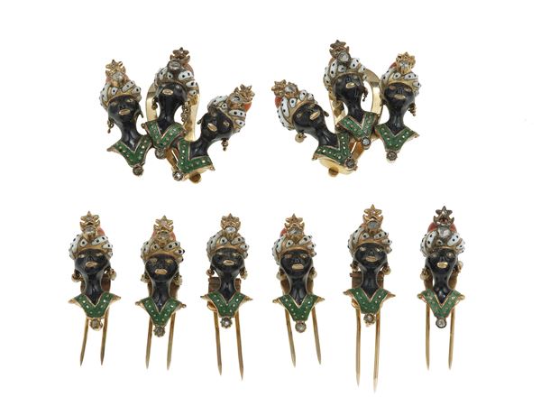 Pair of enamel and gold earrings and seven brooches