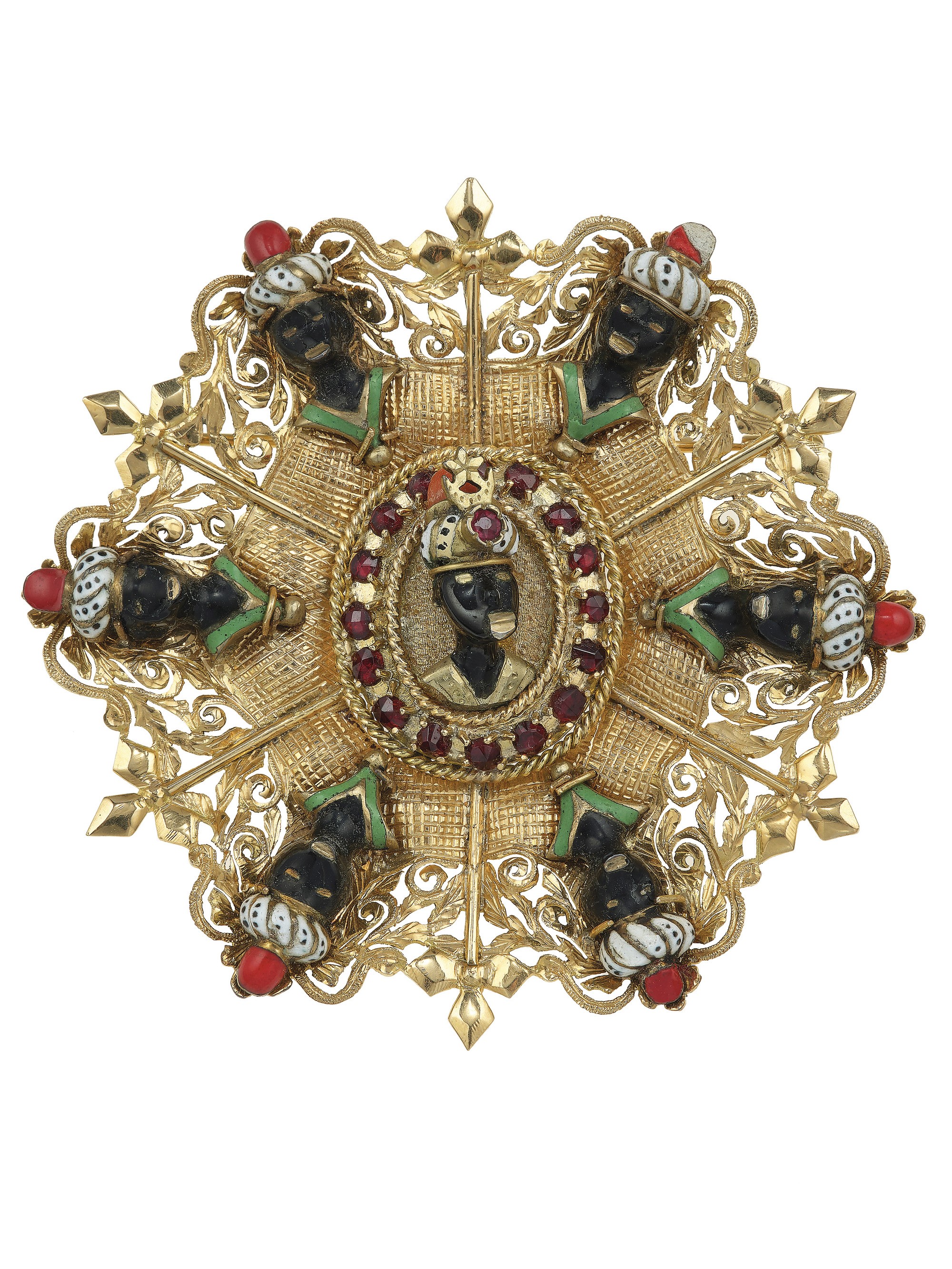 Set Moretti, orecchini e sette spille in oro giallo 750/1000 con smalti policromi