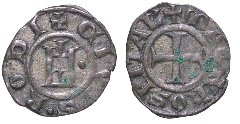 RODI. ANONIME DEI GRANDI MAESTRI, attribuite ai primi successori di Folco di Villaret metà del sec. XIV. Imitazione orientale del denaro della Repubblica di Genova.  - Auction Numismatics - Cambi Casa d'Aste