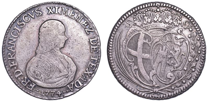 MALTA. FRANCISCO XIMENEZ DE TEXADA (69º Gran Maestro dell'Ordine dei Cavalieri Ospitalieri di Rodi e Malta ), 1773-1775. 2 Scudi 1774.  - Auction Numismatics - Cambi Casa d'Aste
