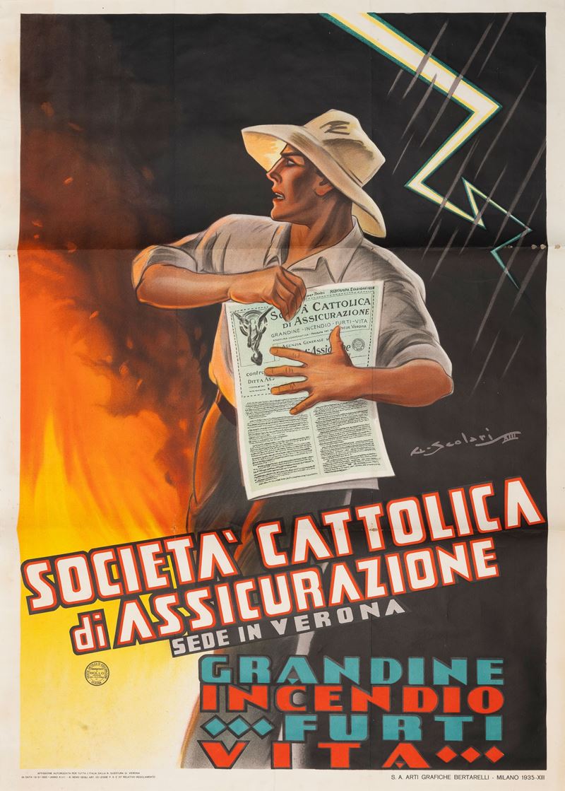 Giovanni Scolari : Società Cattolica di Assicurazione - Verona  - Asta POP Culture e Manifesti d'Epoca - Cambi Casa d'Aste