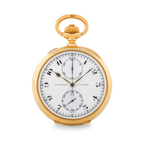 Cronografo da tasca in oro giallo 18k, quadrante in smalto bianco con numeri arabi dipinti, contatori  [..]