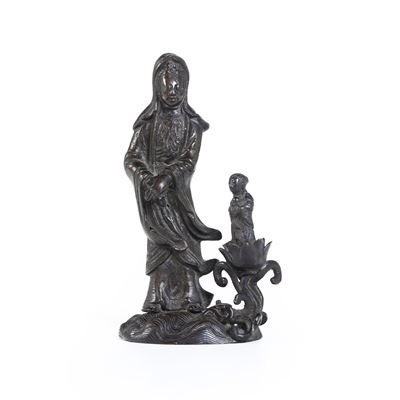 Figura in Bronzo Raffigurante Guanyin con Bambina, Cina, Dinastia Qing, XIX Secolo