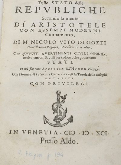 Di Gozze Nicolò Vito di Gozze (1549 - 1610) dello Stato delle Repubbliche Secondo la Mente di Ari...
