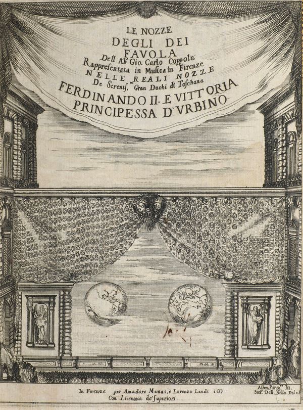 Coppola Giovanni Carlo (1599-1652) Le nozze degli Dei favola..  In Firenze, per Amadore Mazzi e Lorenzo Landi, 1637 (unito a Francesco di Raffaello Rondinelli, Relazione delle nozze degli dei.., del medesimo editore e anno)