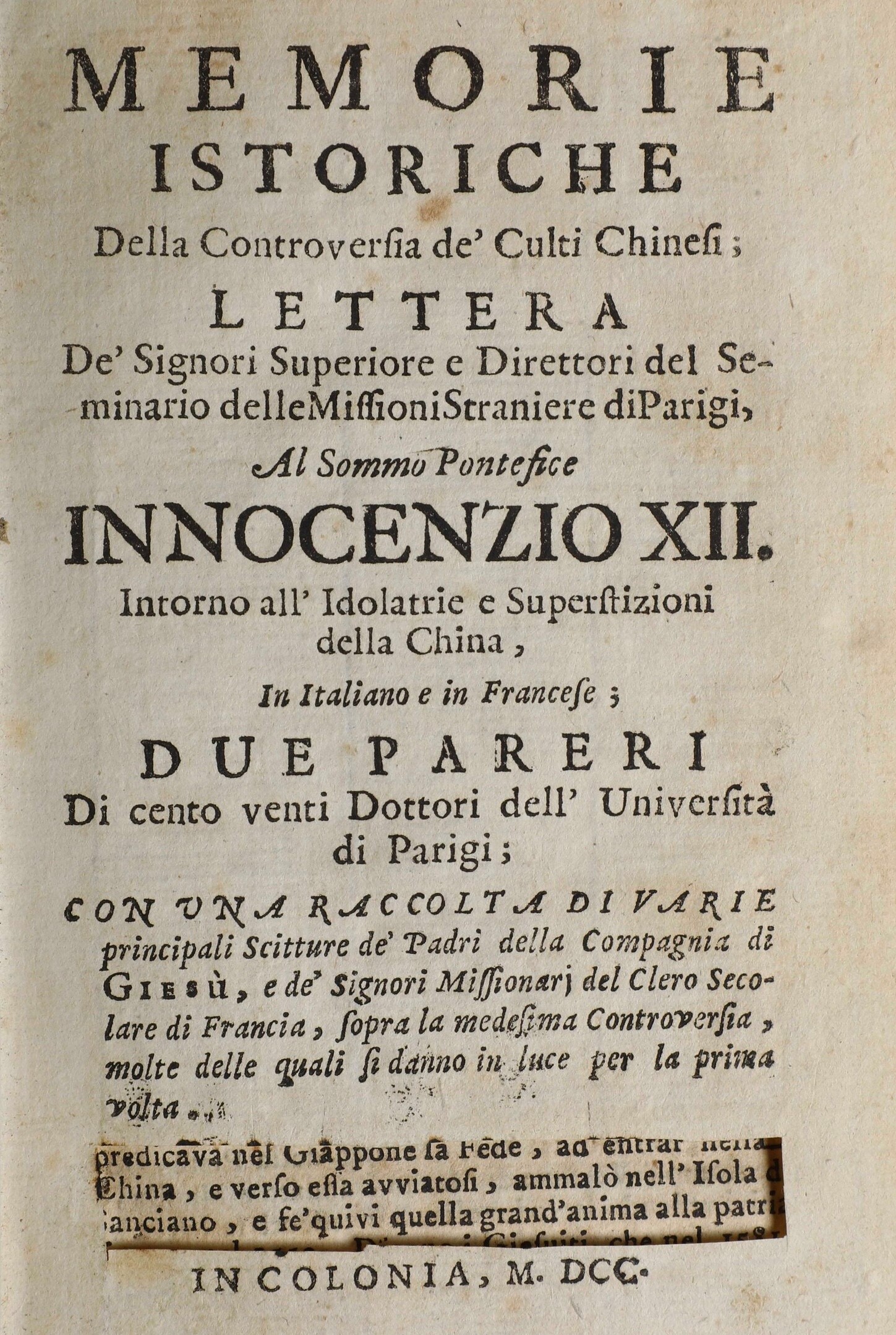 Le Gobien Carlo Historia Dell'editto Dell'imperatore della Cina in Favore della Religione Cristia...