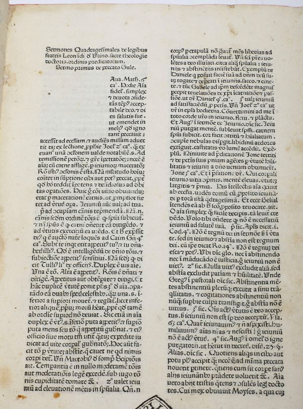 Matthei de Utino Leonardus (1400-1469) Sermones de legibus (Quadragesimale) Venezia, per Franciscus Hailbrun e Nicolaus Frackfordia, 1473