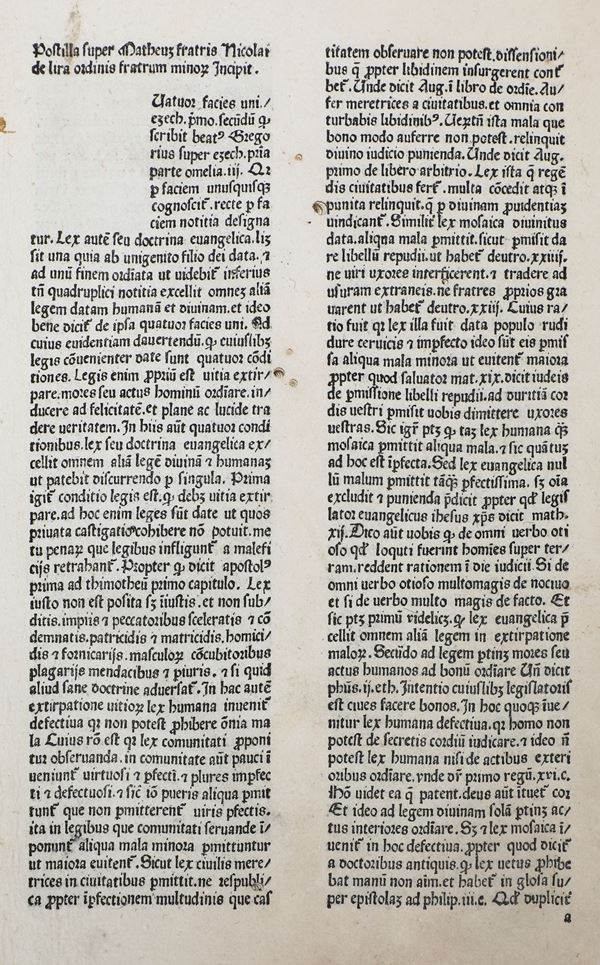 De Lyra Nicolai (1270-1349) Postilla super quatuor evangeljs cum additionibus... Mantova, Paulum Johannis de Puzpach, 1477