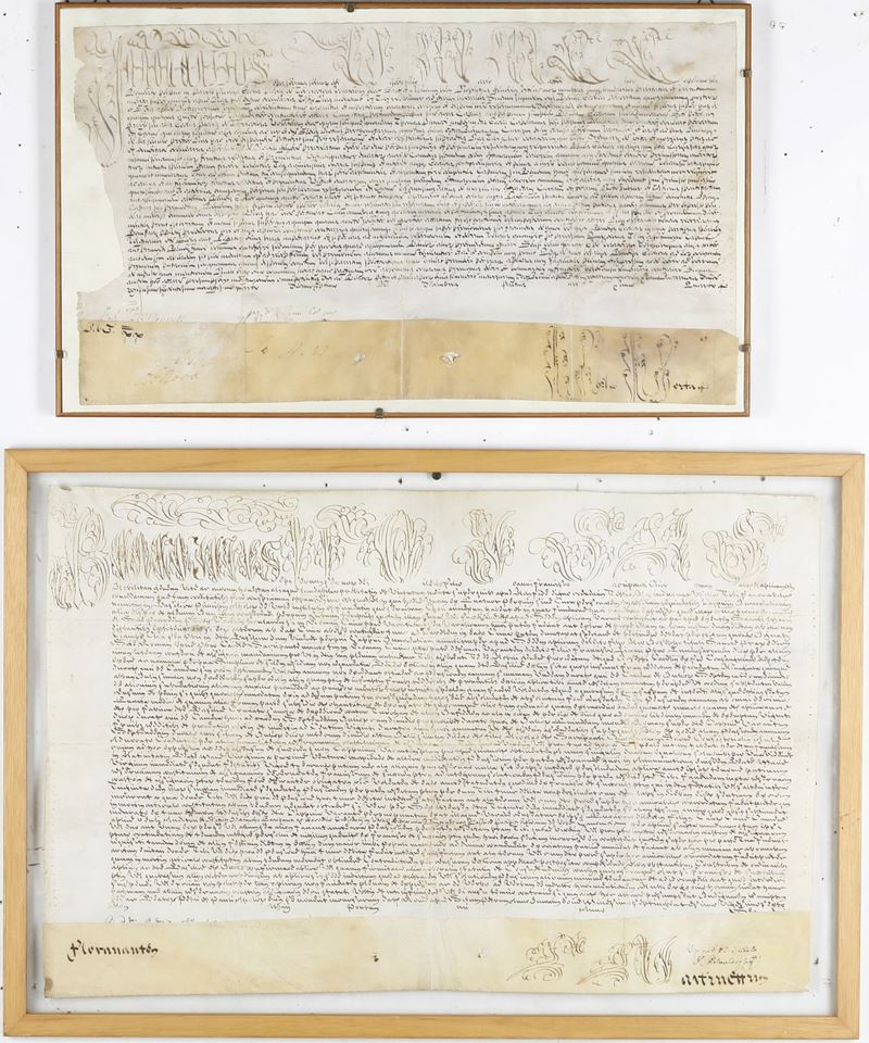 Due manoscritti, presumibilmente documenti notarili. XV-XVI secolo (Bolle papali)  - Asta Libri antichi e rari sotto l'ombrellone - Cambi Casa d'Aste