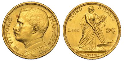Regno D'italia. Vittorio Emanuele III di Savoia, 1900-1946. 20 Lire 1912. Aratrice.