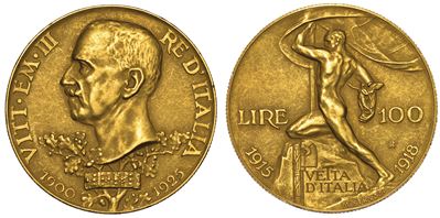 Regno D'italia. Vittorio Emanuele III di Savoia, 1900-1946. 100 Lire 1925. Vetta D’italia.