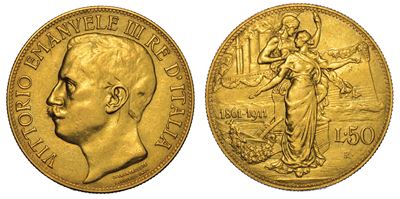 Regno D'italia. Vittorio Emanuele III di Savoia, 1900-1946. 50 Lire 1911. Cinquantenario.