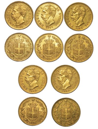 Regno D'italia. Umberto i di Savoia, 1878-1900. Lotto di Cinque Esemplari.
