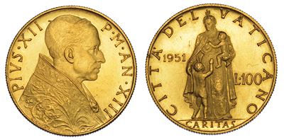 Vaticano. Pio XII, 1939-1958. 100 Lire 1951/a. XIII.