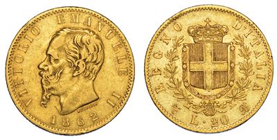 Regno D'italia. Vittorio Emanuele II di Savoia, 1861-1878. 20 Lire 1862. Torino.