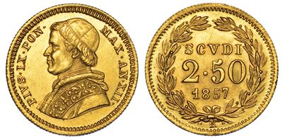 Stato Pontificio. Pio IX, 1846-1878. 2,50 Scudi 1857/a. XII. Roma.