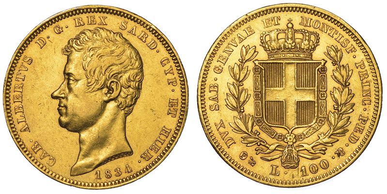 REGNO DI SARDEGNA. CARLO ALBERTO DI SAVOIA, 1831-1849. 100 Lire 1834. Genova.  - Auction Numismatics - Cambi Casa d'Aste