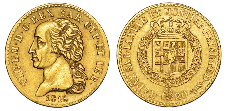 REGNO DI SARDEGNA. VITTORIO EMANUELE I DI SAVOIA, 1802-1821. 20 Lire 1818. Torino.  - Asta Numismatica - Cambi Casa d'Aste