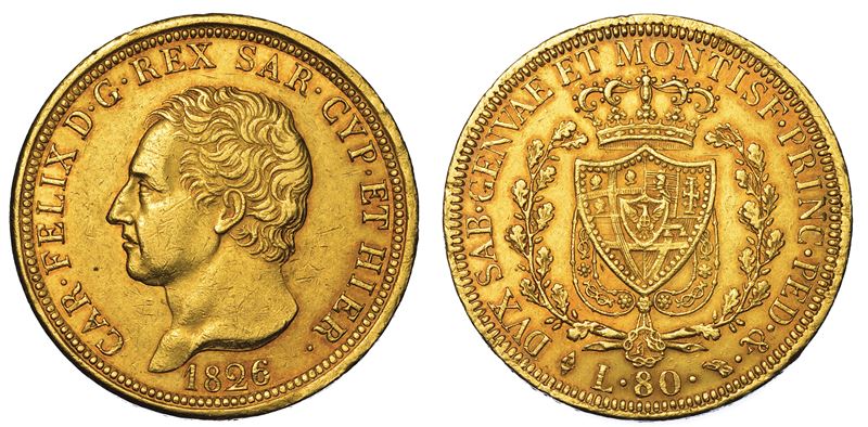 REGNO DI SARDEGNA. CARLO FELICE DI SAVOIA, 1821-1831. 80 Lire 1826. Torino.  - Auction Numismatics - Cambi Casa d'Aste
