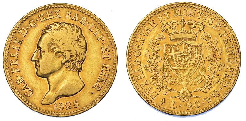 REGNO DI SARDEGNA. CARLO FELICE DI SAVOIA, 1821-1831. 20 Lire 1823. Torino.  - Auction Numismatics - Cambi Casa d'Aste