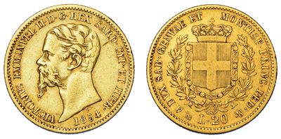 Regno di Sardegna. Vittorio Emanuele II di Savoia, 1849-1861. 20 Lire 1854. Genova.